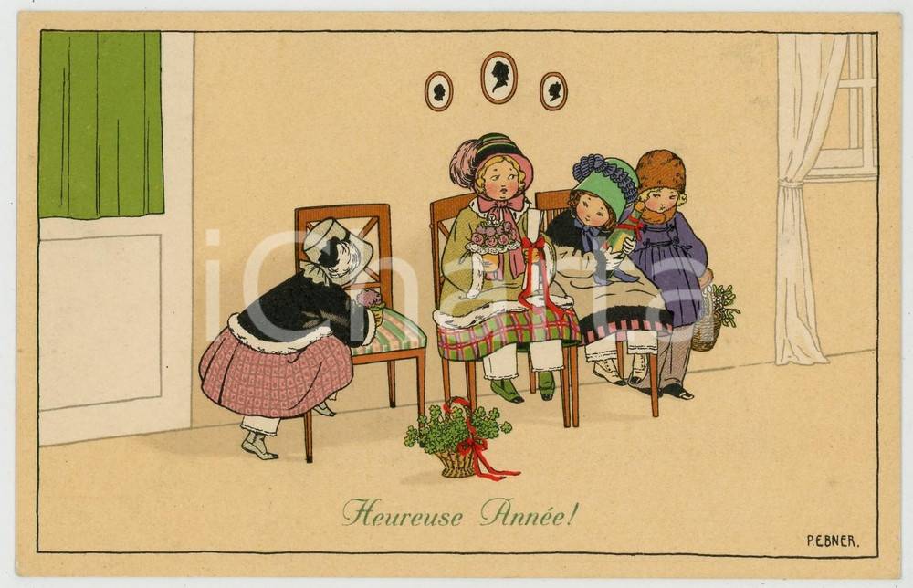 1910 ca BONNE ANNEE Children sitting with presents - ill. EBNER *Postcard  Cartolina postale d'epoca, viaggiata.CONDIZIONI: GFORMATO: FP    originale e autentica 1