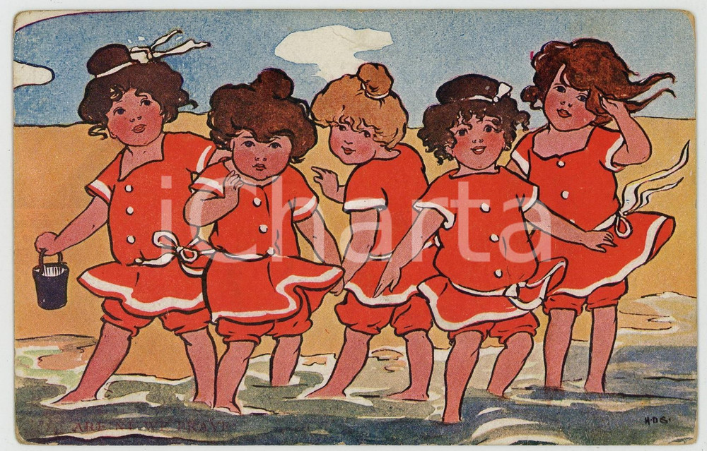 1907 CHILDREN Little girls at the beach ILLUSTRATED Postcard FP VG  Cartolina d'epoca, viaggiata. FAIR/discreto Smussature agli angoli Formato: FP originale e autentica 1