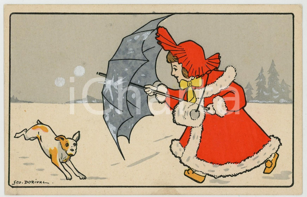 1900 ca Artist Georges DORIVAL Little girl playing with dog ILLUSTRATED Postcard  Cartolina d'epoca, non viaggiata. FAIR/discreto Lievi smussature agli angoli Formato: FP originale e autentica 1
