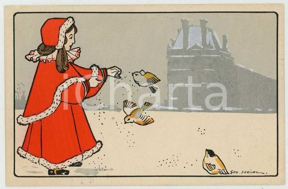 1900 ca Artist Georges DORIVAL Little girl feeding birds ILLUSTRATED Postcard FP  Cartolina d'epoca, non viaggiata. FAIR/discreto Lievi smussature agli angoli, piegatura all'angolo superiore sinistro Formato: FP originale e autentica 1