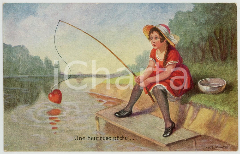1910 ca LES AMOUREUX Une heureuse peche - Carte postale ILLUSTRÉE FP VG Cartolina d'epoca, viaggiata. FAIR/discreto Lievi smussature agli angoli Formato: FP originale e autentica 1
