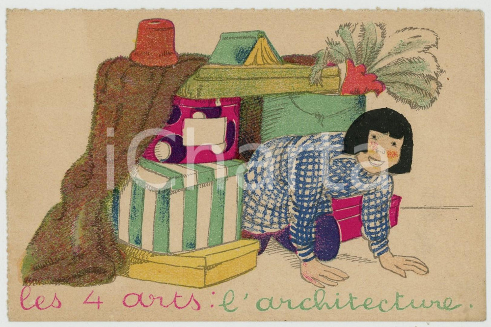 1920 ca LES 4 ARTS L'architecture - Carte postale ILLUSTRÉE FP NV  Cartolina d'epoca, non viaggiata ma con nota manoscritta al verso. FAIR/discreto Lievi smussature agli angoli Formato: FP originale e autentica 1