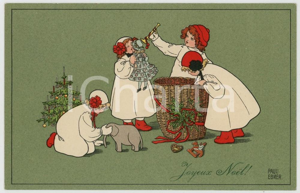 1910 ca JOYEUX NOEL Children playing with Christmas toys - ill. EBNER - Postcard  Cartolina postale d'epoca, viaggiata.CONDIZIONI: GFORMATO: FP    originale e autentica 1