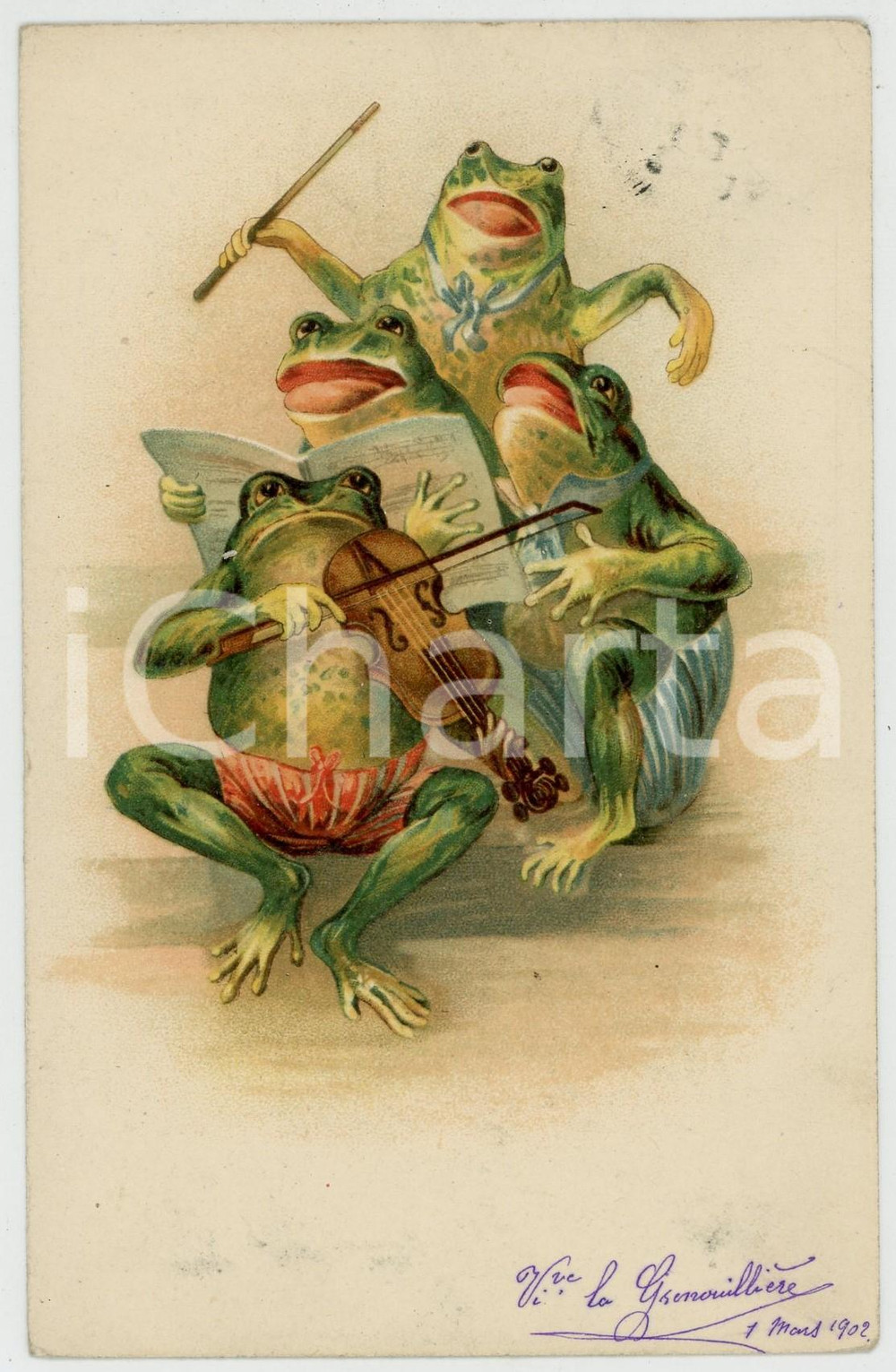 1902 ANIMALS Concert scene - Frogs playing and singing *Anthropomorphic postcard  Cartolina postale d'epoca, viaggiata.CONDIZIONI: G (minima piegatura all'angolo superiore destro)FORMATO: FP    originale e autentica 1