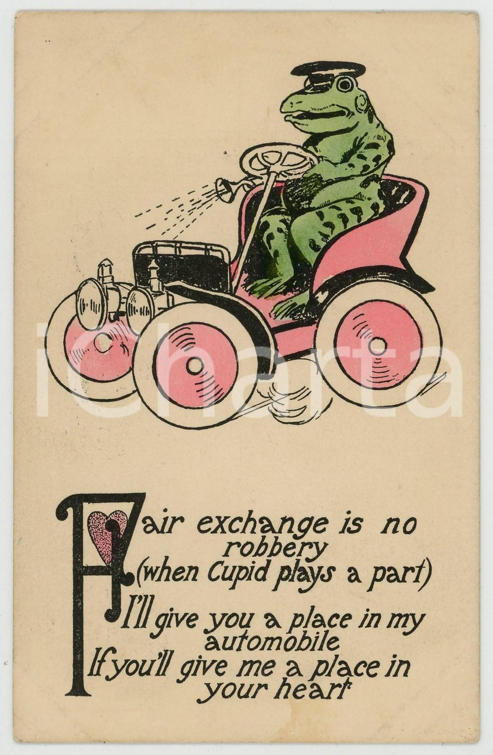 1907 HUMOUR Love exchange - Frog on pink car - Anthropomorphic postcard  Cartolina postale d'epoca, viaggiata.CONDIZIONI: GFORMATO: FP    originale e autentica 1