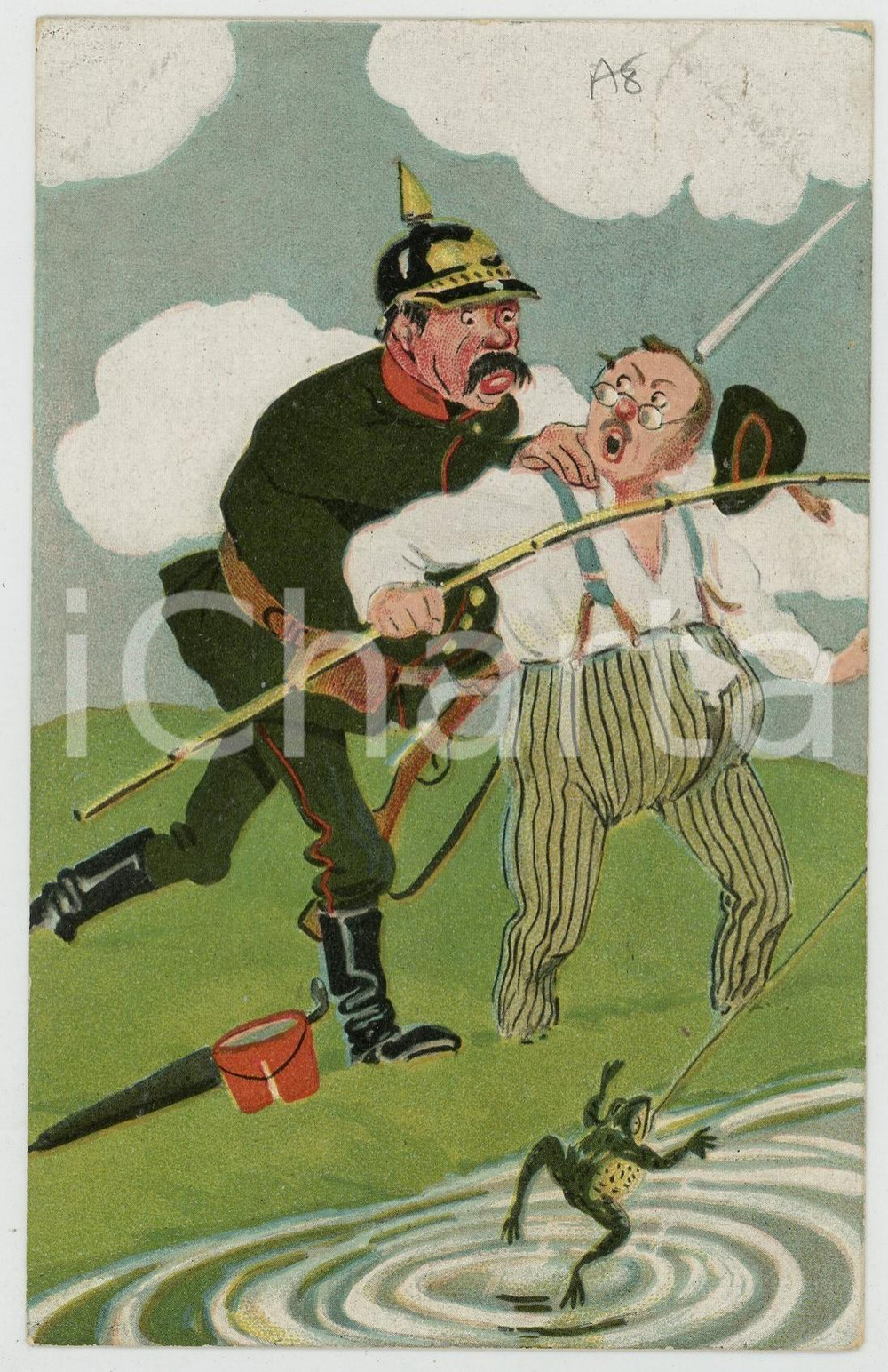 1908 HUMOUR Policeman, fisherman and frog - Anthropomorphic postcard  Cartolina postale d'epoca, viaggiata.CONDIZIONI: GFORMATO: FP    originale e autentica 1