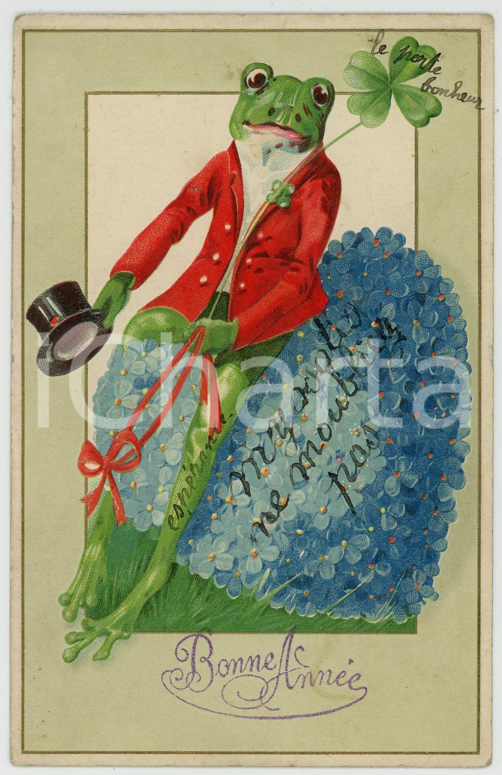 1910 ca BONNE ANNEE Frog and four leaf clover *Anthropomorphic embossed postcard  Cartolina postale d'epoca, non viaggiata.CONDIZIONI: F (lievi piegature agli angoli superiori; piccole macchie al recto)FORMATO: FP    originale e autentica 1
