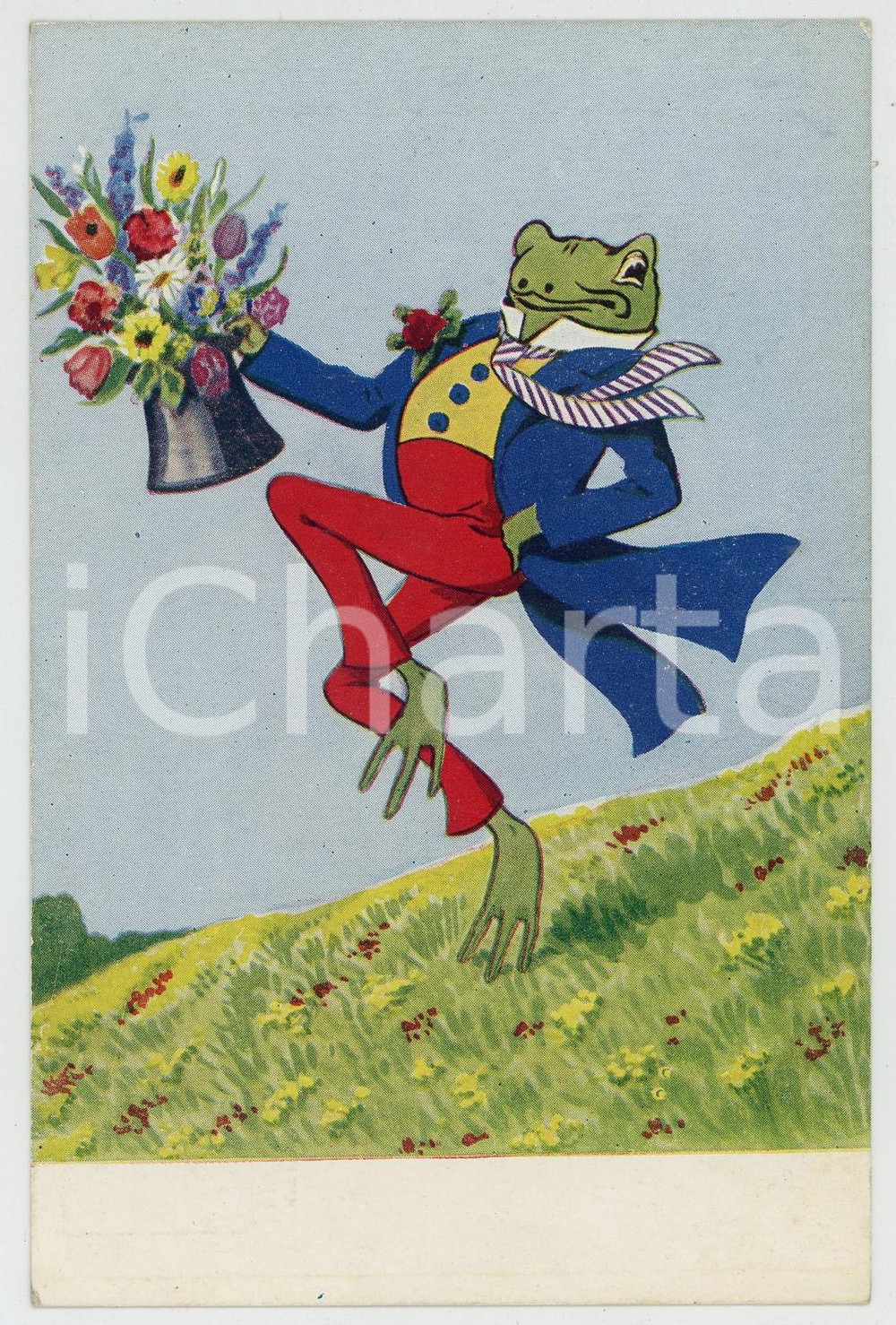 1910 ca ANIMALS "Our kiddies" - Frog with flowers - Anthropomorphic postcard  Cartolina postale d'epoca, non viaggiata.CONDIZIONI: GFORMATO: FP    originale e autentica 1