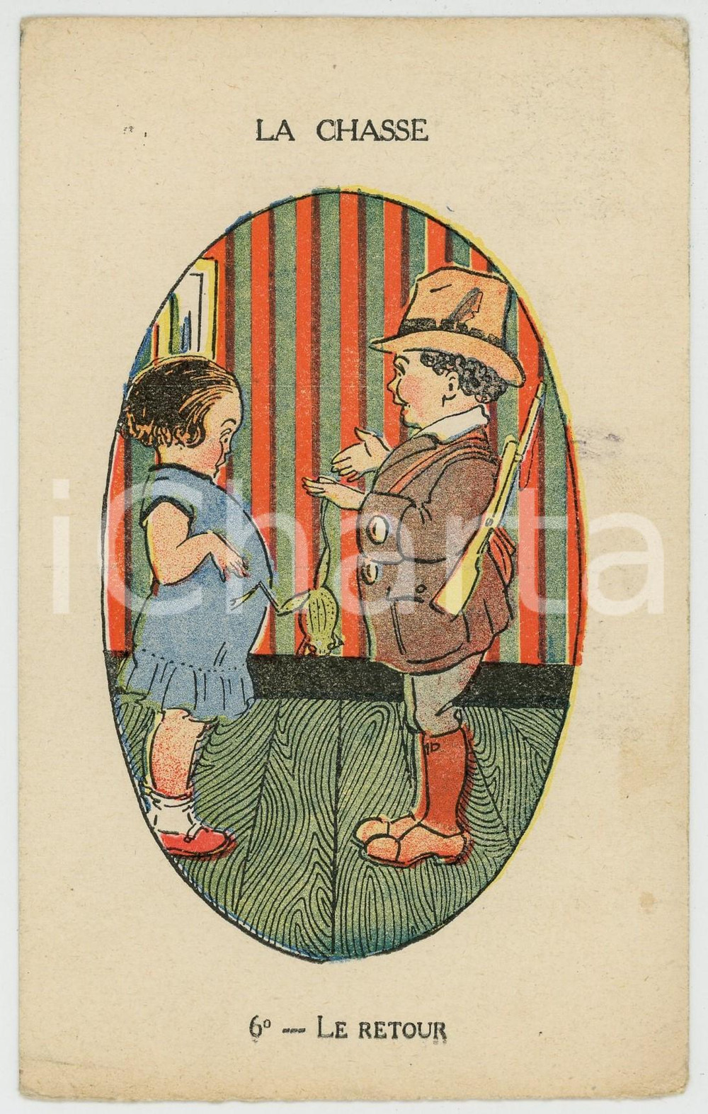 Cartolina originale da collezione 1928 HUMOUR La chasse  Le retour  Hunter with frog ill. J. KITT Postcard nÂ°6 1