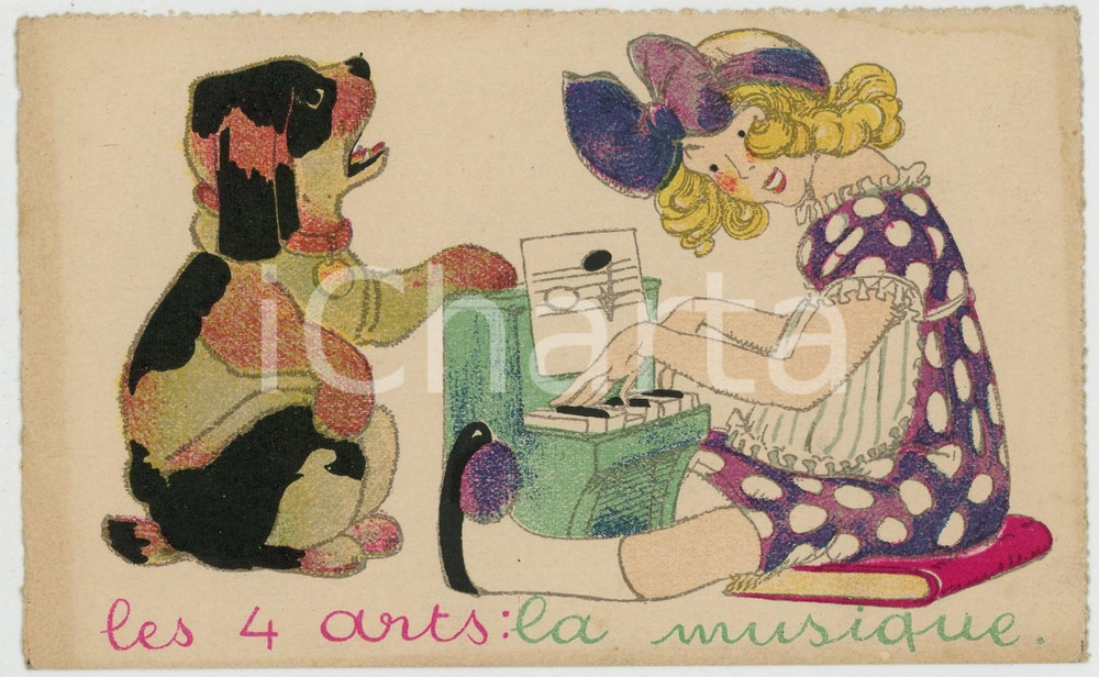 1920 ca LES 4 ARTS La musique - Carte postale ILLUSTRÉE FP NV  Cartolina d'epoca, non viaggiata ma con nota manoscritta al verso. FAIR/discreto Lievi smussature agli angoli Formato: FP originale e autentica 1