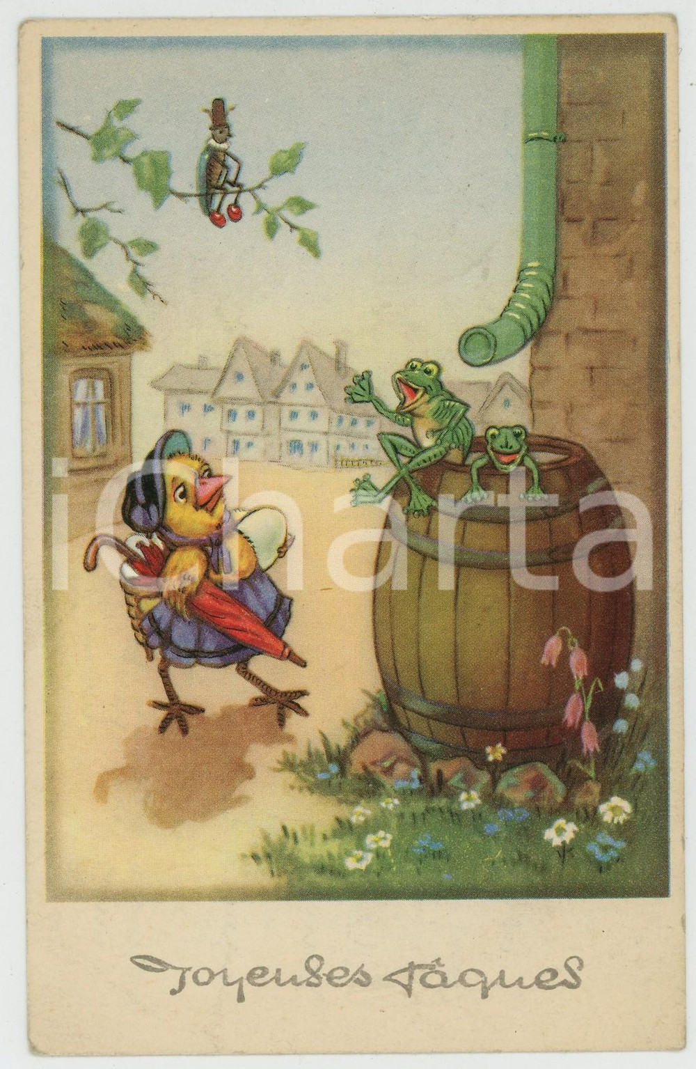 1954 JOYEUSES PÂQUES Frogs greeting lady duck with eggs - Vintage postcard  Cartolina postale d'epoca, scritta ma non viaggiata.CONDIZIONI: F (piegature angolari)FORMATO: FP    originale e autentica 1