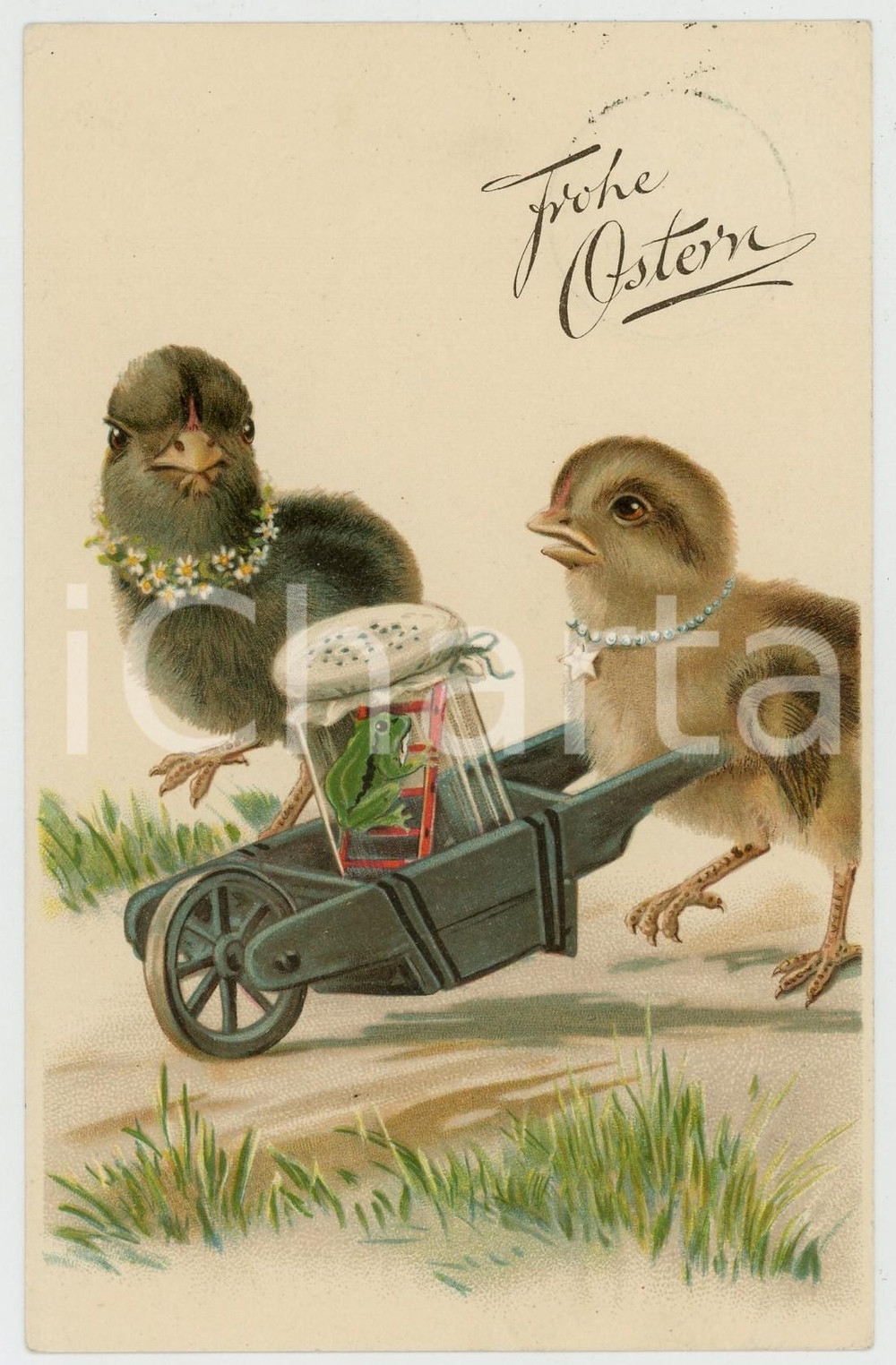 1927 FROHE OSTERN Ducks pushing wheelbarrow with frog inside - Vintage postcard  Cartolina postale d'epoca, viaggiata.CONDIZIONI: G (minima piegatura angolare)FORMATO: FP    originale e autentica 1