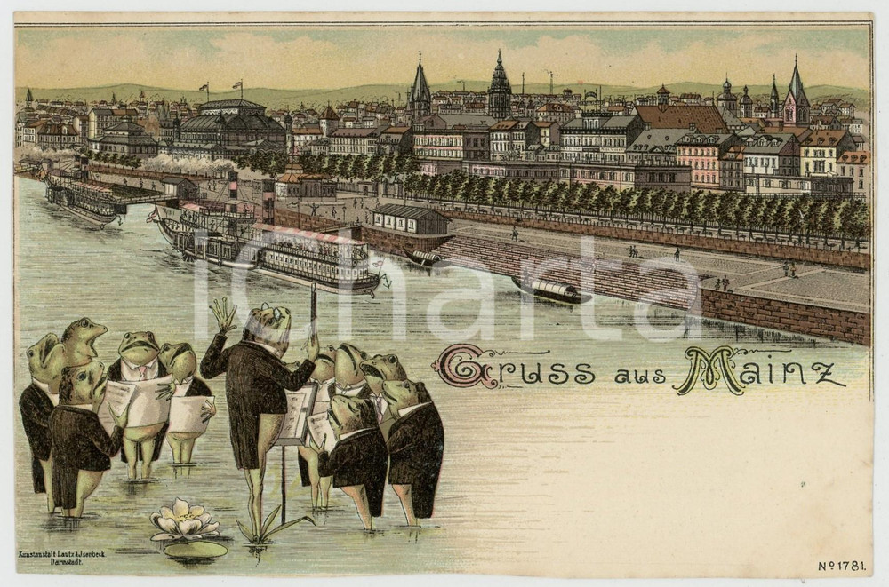 1900 ca MAINZ - GERMANY Concert of frogs choir ILLUSTRATED Postcard FP NV  Cartolina d'epoca, non viaggiata. VERY POOR/gravemente danneggiato Lievi smussature agli angoli, margini maldestramente rifilati a mano Formato: FP originale e autentica 1