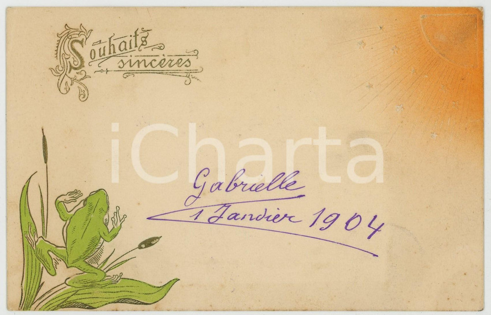 1904 SOUHAIT SINCÈRES Jumping frog - Vintage embossed postcard  Cartolina postale d'epoca, viaggiata.CONDIZIONI: F (lievi piegature all'angolo superiore sinistro e al lato destro; lievi macchie al recto)FORMATO: FP    originale e autentica 1