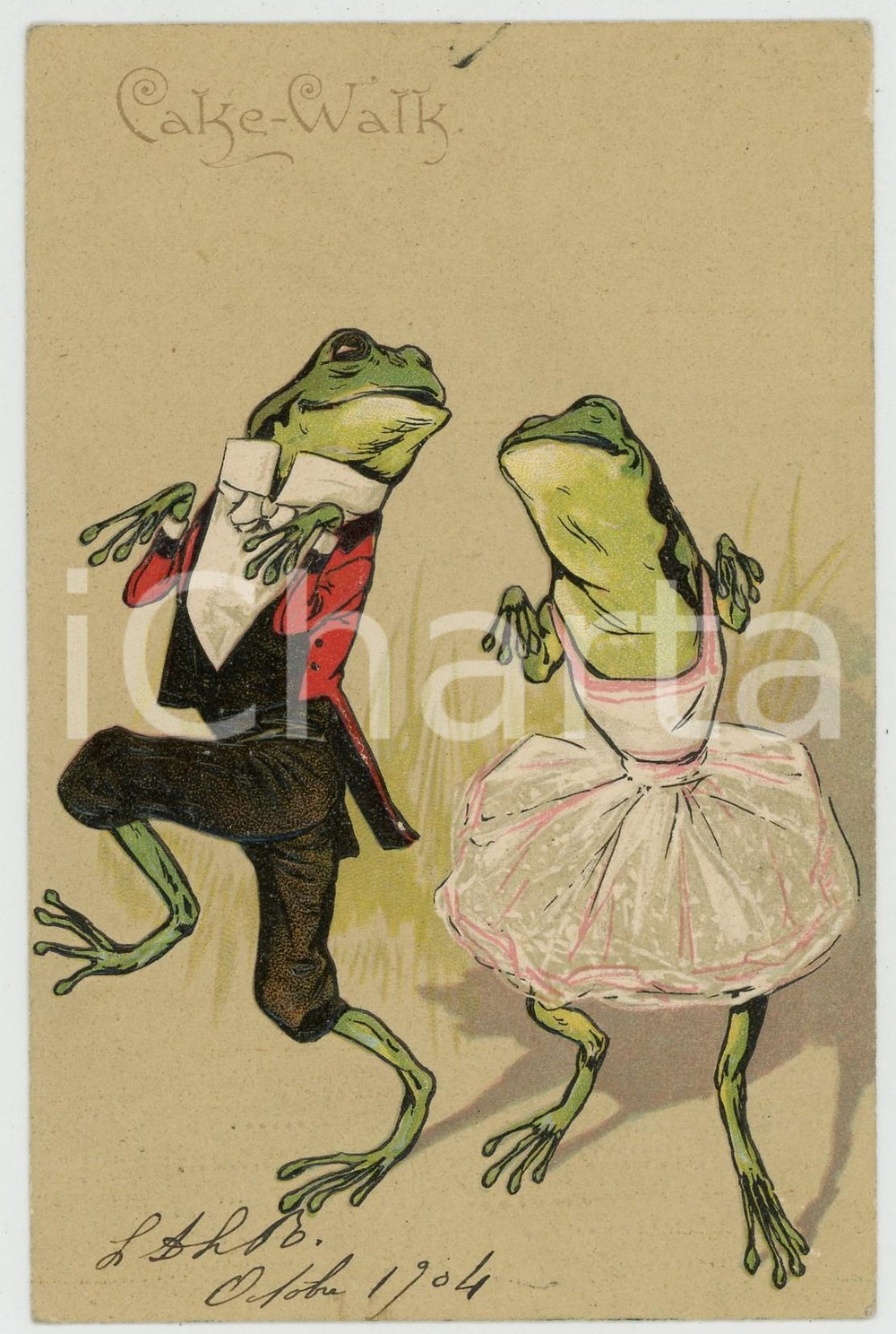 1904 ANIMALS Cake-Walk - Dancing frogs - Anthropomorphic embossed postcard  Cartolina postale d'epoca, viaggiata.CONDIZIONI: G (lieve macchia di inchiostro al recto)FORMATO: FP    originale e autentica 1