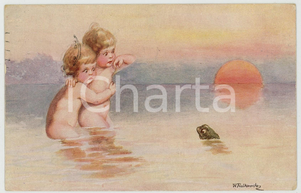 1923 Artist W. FIALKOWSKA - Children scared by a frog - Illustrated Postcard  Cartolina postale d'epoca, viaggiata (ma francobollo asportato).CONDIZIONI: F (lievi piegature angolari)FORMATO: FP    originale e autentica 1