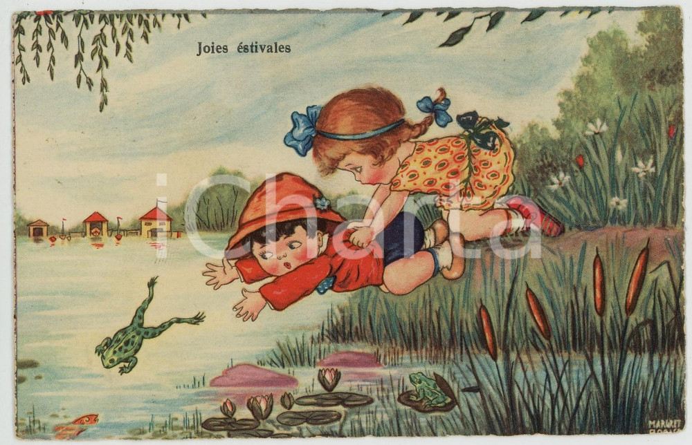 1920 Artist Margret BORISS Joies éstivales - Children following frog *Postcard  Cartolina postale d'epoca, viaggiata.CONDIZIONI: GFORMATO: FP    originale e autentica 1