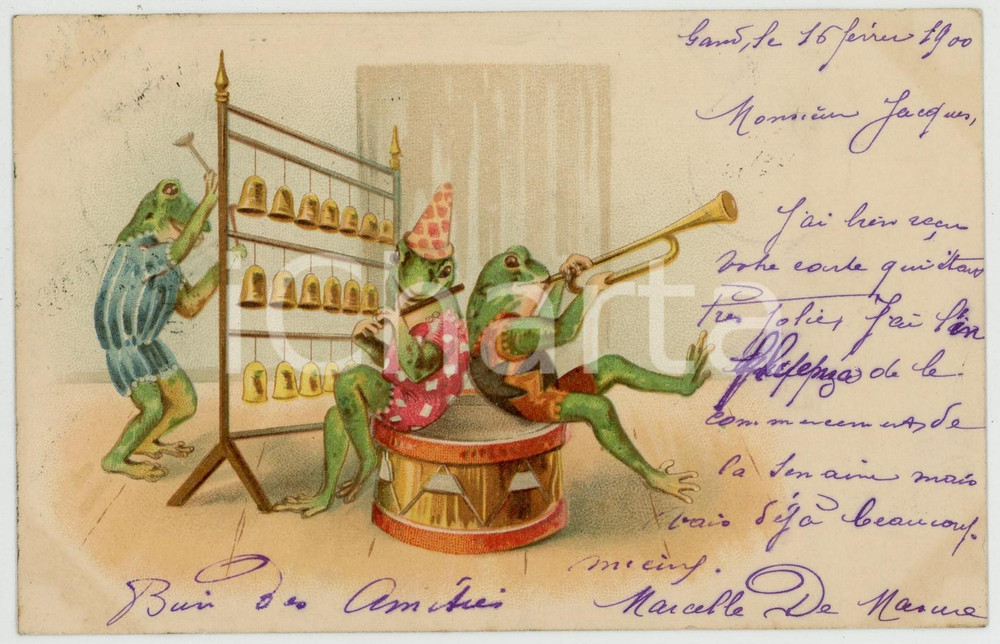 1900 ANIMALS Concert - Frogs playing - Anthropomorphic vintage postcard  Cartolina postale d'epoca, viaggiata.CONDIZIONI: G (lievi macchie di inchiostro al recto)FORMATO: FP    originale e autentica 1
