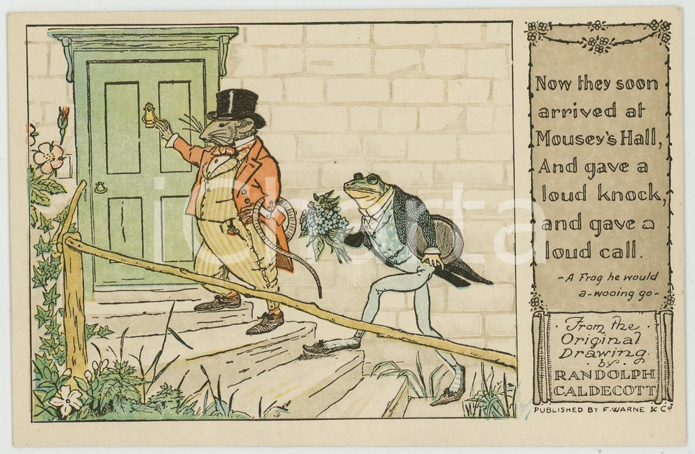 1915 ca Artist Randolph CALDECOTT Frog and mouse knocking door *Vintage postcard  Cartolina postale d'epoca, non viaggiata.CONDIZIONI: GFORMATO: FP    originale e autentica 1