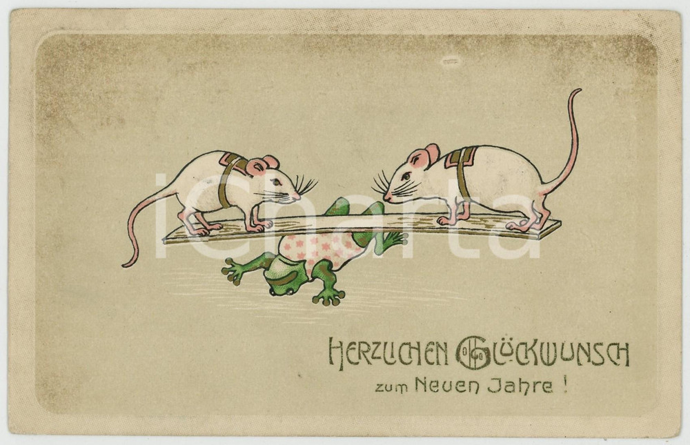 1907 NEUEN JAHRE Frog and white mice *Anthropomorphic embossed postcard  Cartolina postale d'epoca, viaggiata.CONDIZIONI: F (macchie; lievi smussature angolari)FORMATO: FP    originale e autentica 1