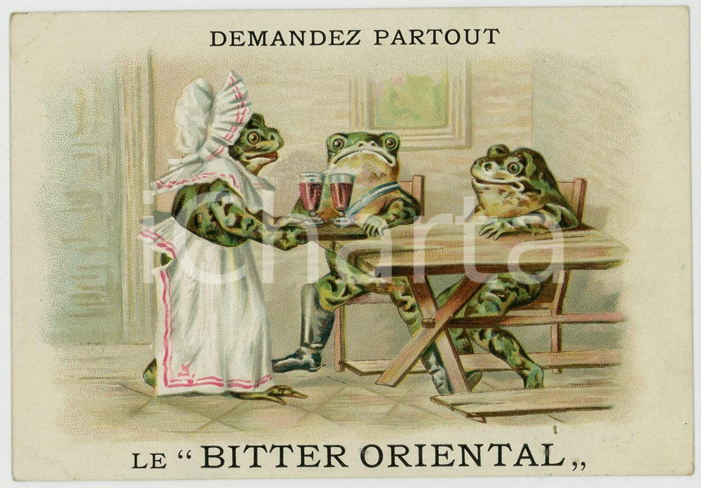 1910 ca BITTER ORIENTAL Frogs drinking - Anthropomorphic advertising card  Cartoncino d'epoca.CONDIZIONI: VP (buone condizioni al recto, ma estesi residui di carta al verso; piegatura e abrasione al margine inferiore)FORMATO: FP    originale e autentica 1