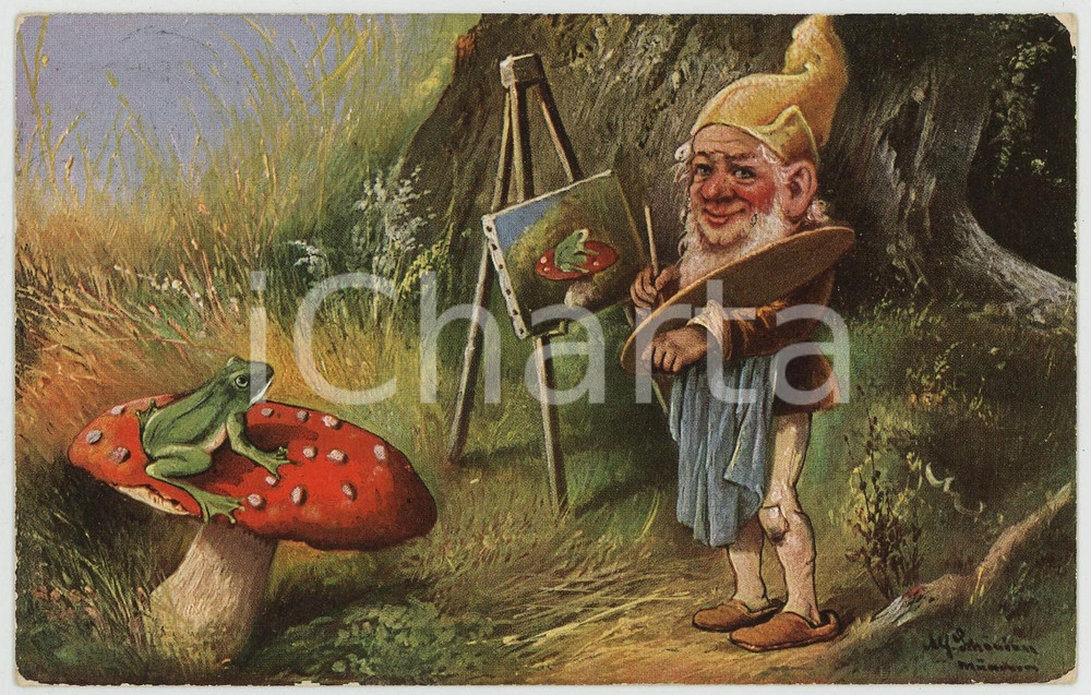1907 Artist Alfred SCHONIAN - Gnome painting - Postcard  Cartolina postale d'epoca, viaggiata.CONDIZIONI: G (minime abrasioni angolari)FORMATO: FP    originale e autentica 1