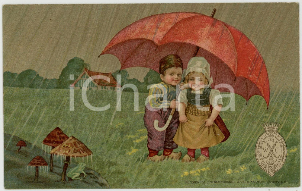 1920 ca KOLN Schirmfabrik WURTMANN Children with umbrella seeing a frog POSTCARD  Cartolina postale d'epoca, non viaggiata. POOR/danneggiato Profonda piegatura al margine inferiore Formato: FP originale e autentica 1
