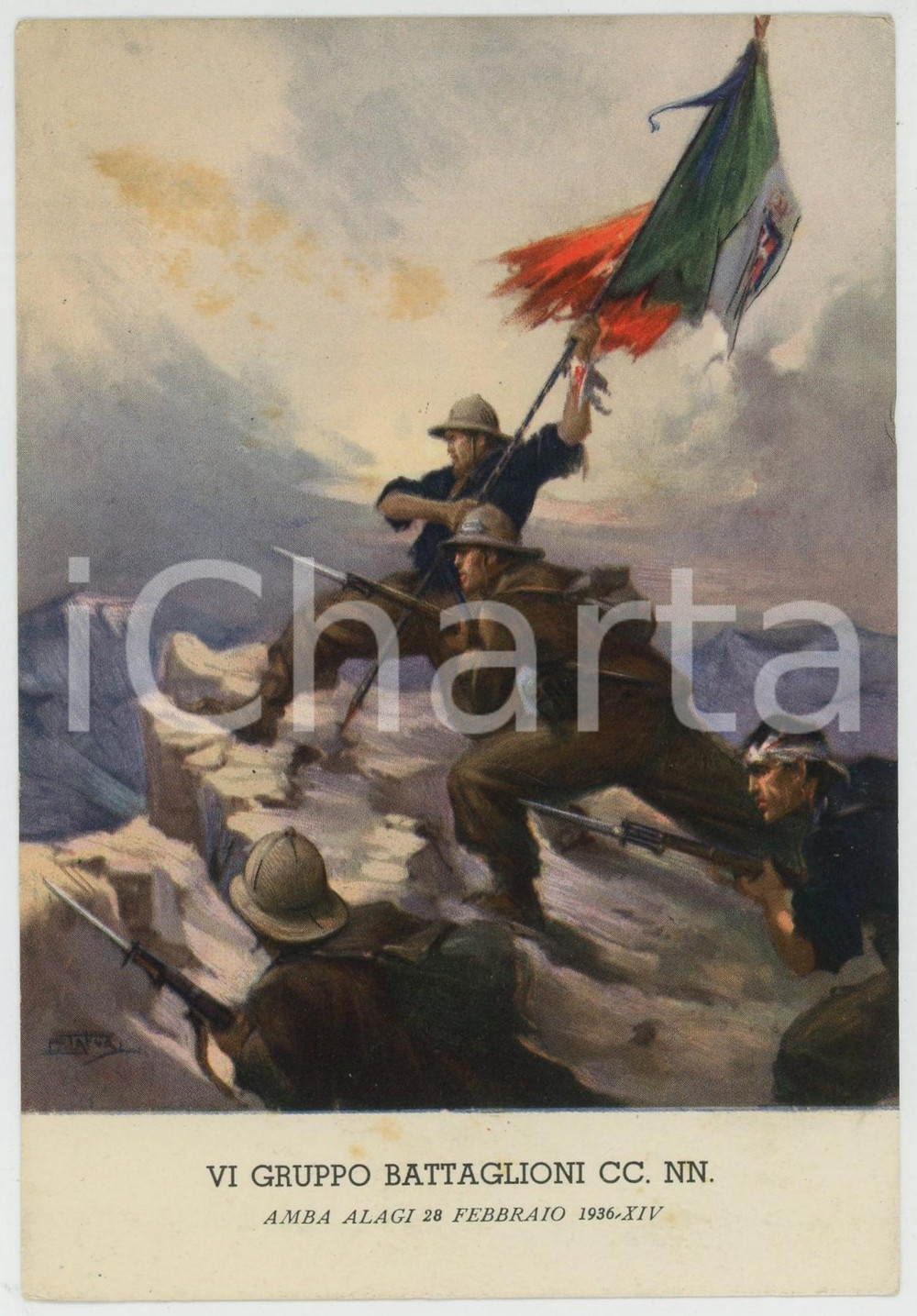 1936 AMBA ALAGI - VI Gruppo Battaglion CC.NN. Ill. di Clemente TAFURI Cartolina  Cartolina postale d'epoca, non viaggiata.Edita dall'Ufficio Storico della Milizia - Serie Cartoline A.O.I.CONDIZIONI: FAIRFORMATO: FP    originale e autentica 1