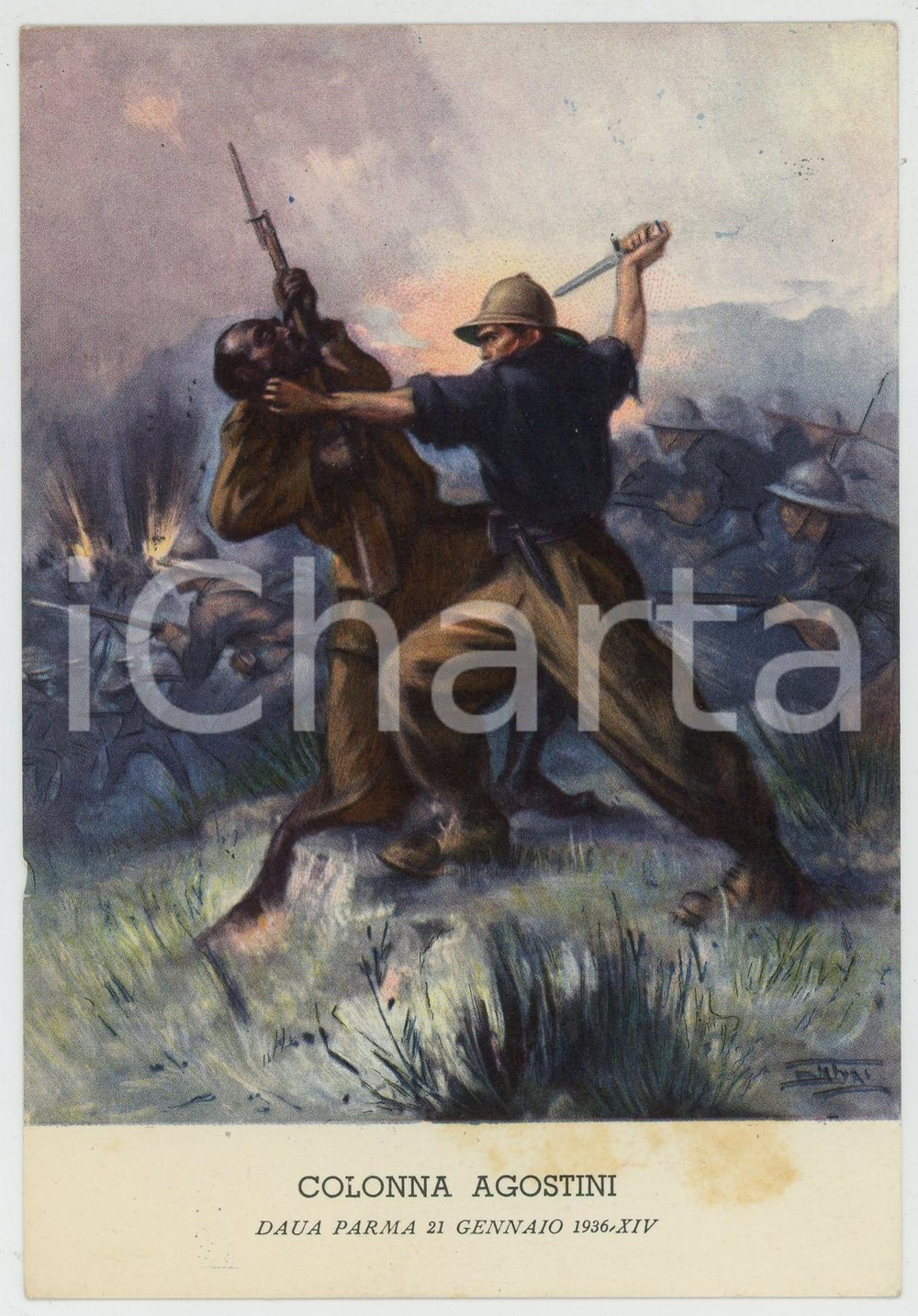 1936 DAUA PARMA Colonna Agostini - Illustrazione di Clemente TAFURI Cartolina FG  Cartolina postale d'epoca, non viaggiata.Edita dall'Ufficio Storico della Milizia - Serie Cartoline A.O.I.CONDIZIONI: FAIRFORMATO: FP    originale e autentica 1