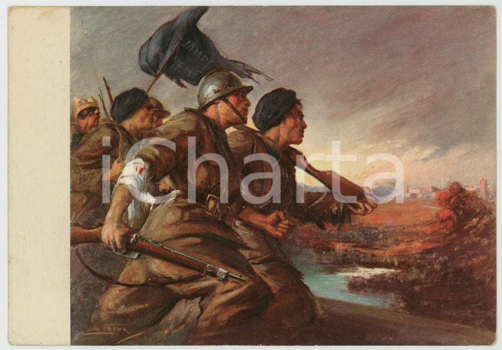 1938 WW2 Guerra di Spagna OMS Illustrazione di Clemente TAFURI Cartolina FG VG  Cartolina postale d'epoca, viaggiata.Edita dall'Ufficio Storico della Milizia - Serie Cartoline O.M.S.CONDIZIONI: FAIRFORMATO: FG    originale e autentica 1