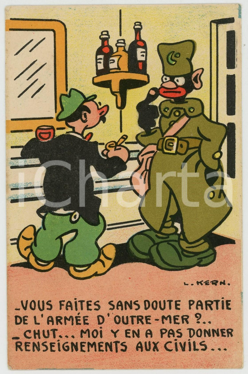 1943 FRANCE "Vous faites partie de l'armée d'outre-mer" Postcard L. KERN Comique  Cartolina postale d'epoca, scritta ma non viaggiata, appartenente alla "Collection Comique Militaire" 136. GOOD/buono  Formato: 9x14 cm originale e autentica 1