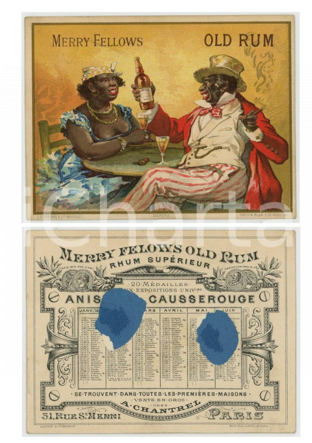 1890ca MERRY FELLOWS OLD RUM Calendrier de poche 12x9 cm DAMAGED  Calendario tascabile d'epoca, originale e autentico.CONDIZIONI: VERY POOR (estesi residui di incollatura al verso - vedi scansione)FORMATO: 12x9cm    originale e autentica 1