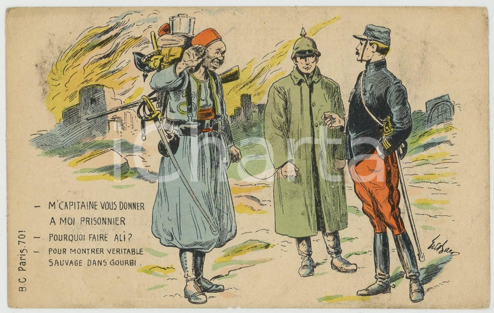 1915 ca WW1 Capitaine vous donner a moi prisonnier? - Illustrated postcard FP NV  Cartolina postale d'epoca, non viaggiata.Al verso pubblicit&agrave; a stampa della Maison Maria Maerhyd di Ixelles. FAIR/discreto Piegature agli angoli, sbeccature al margine inferiore Formato: FP originale e autentica 1