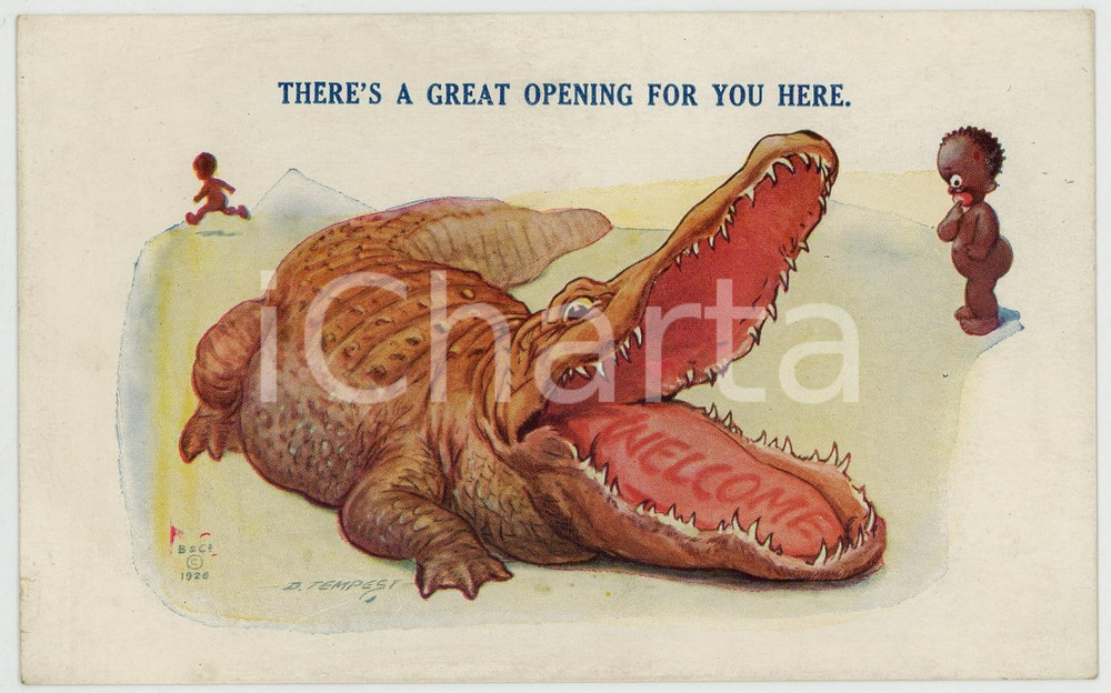 1926 TOURING COMICS Artist D. TEMPEST Crocodile eating a native child - Postcard  Cartolina d'epoca, non viaggiata. FAIR/discreto Lievi smussature agli angoli Formato: FP originale e autentica 1