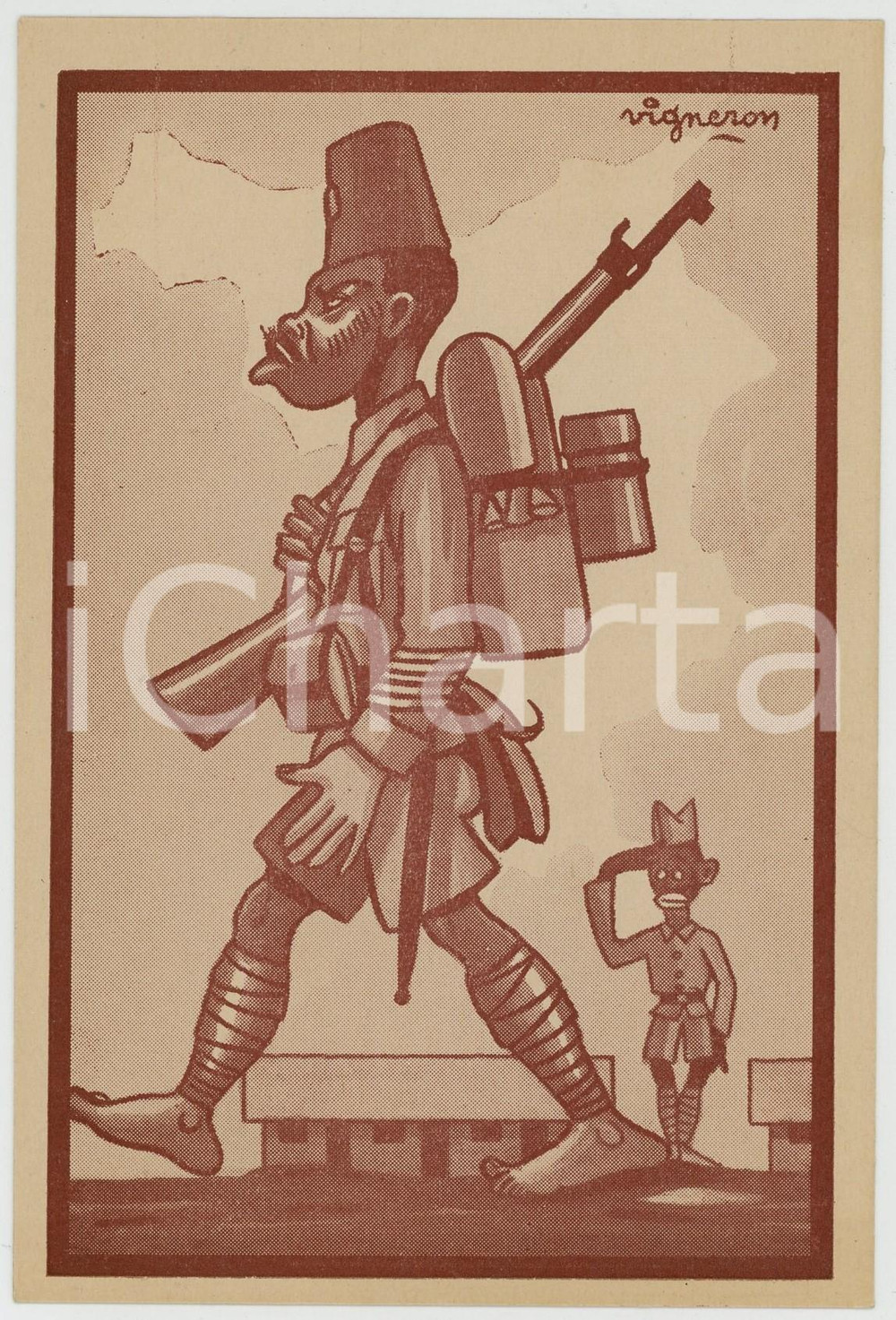 1920ca CONGO SATIRE 1er Sergent-Major - Illustration par VIGNERON Carte postale  Cartolina postale d'epoca, non viaggiata.Editions Imbelco, Elisabethville - Serie: "Quelques m&eacute;tiers et occupations" n.8CONDIZIONI: FAIRFORMATO: FP    originale e autentica 1