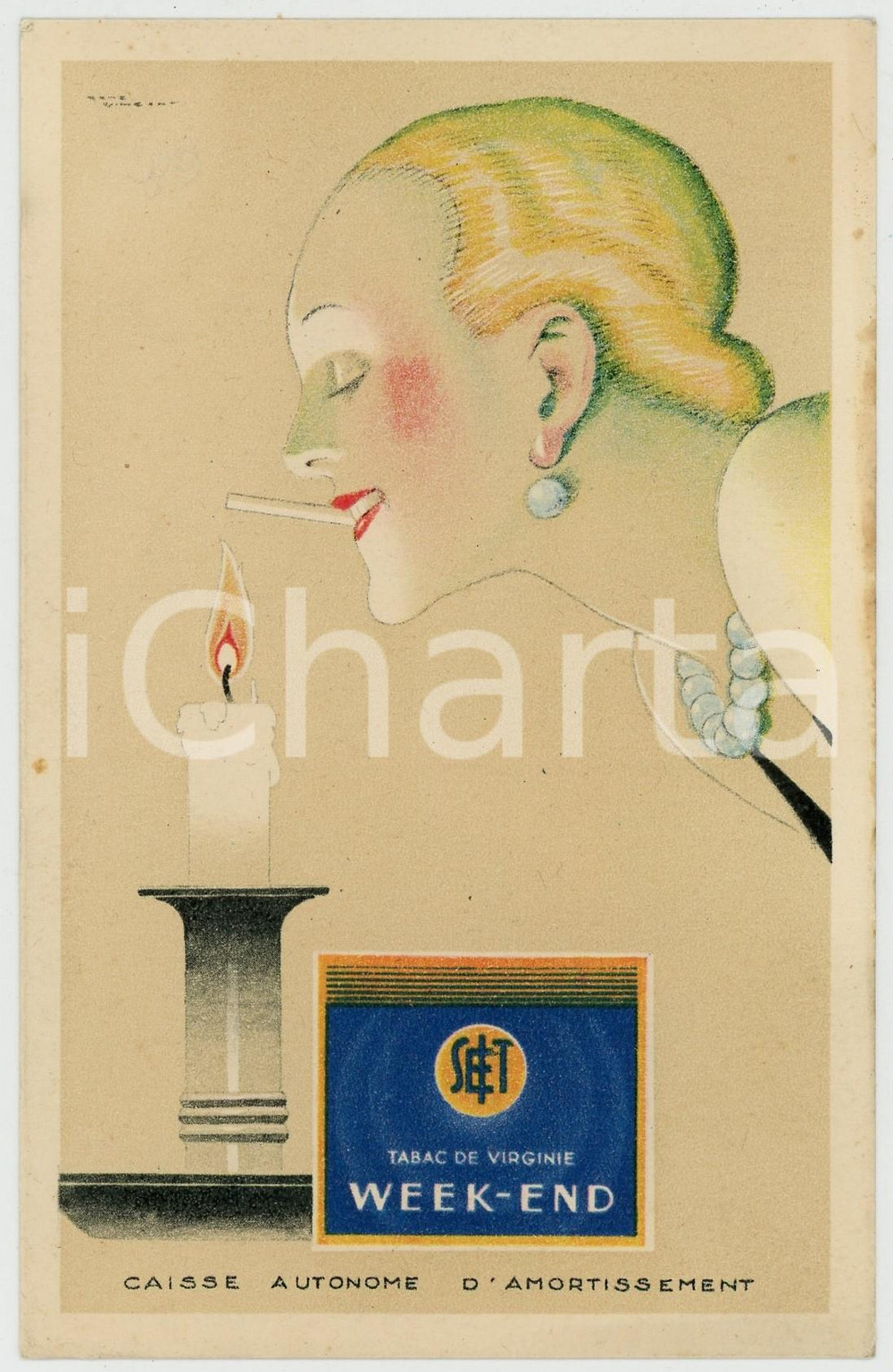 1930 ca BELGIQUE Tabac de Virginie WEEK-END - Postcard ill. René VINCENT  Cartolina postale d'epoca, non viaggiata.CONDIZIONI: GFORMATO: FP    originale e autentica 1