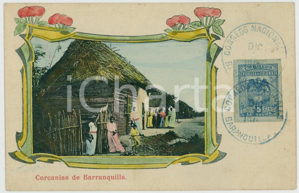 1904 BARRANQUILLA (COLOMBIA) Cercanias - Cabañas *ANIMATED chromo postcard  Cartolina postale d'epoca, con bollo e timbro (non scritta).CONDIZIONI: GFORMATO: FP    originale e autentica 1