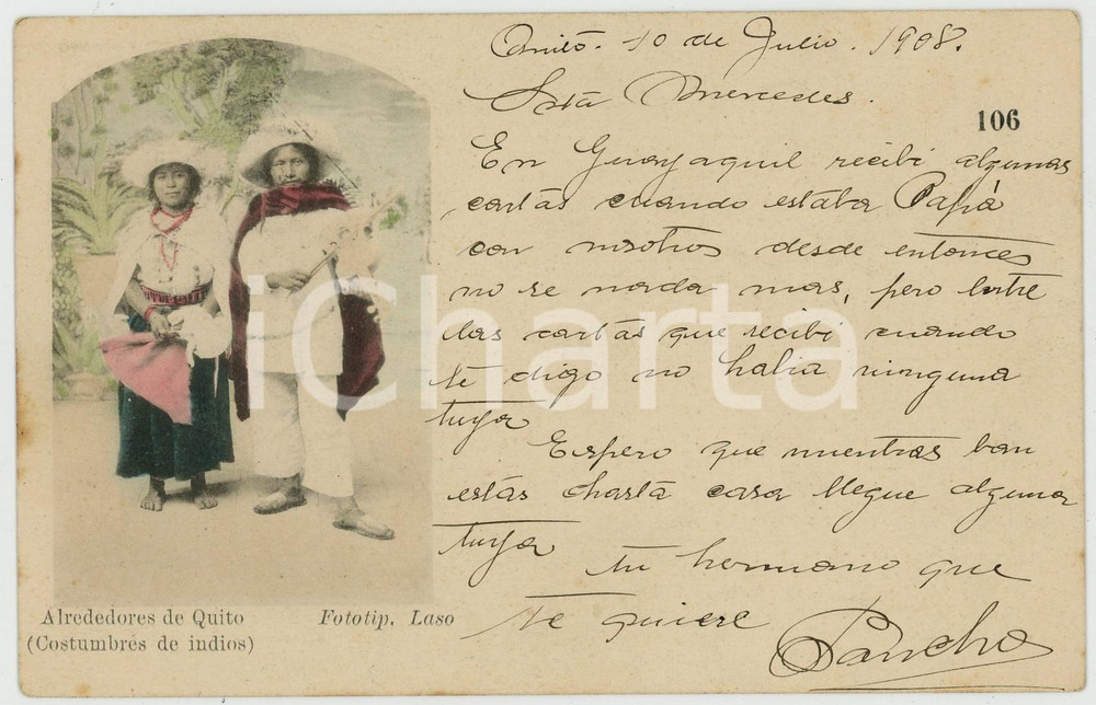 1908 QUITO (ECUADOR) Costumbres de indios - Vintage postcard  Cartolina postale d'epoca, viaggiata, ma priva del francobollo.CONDIZIONI: G (minimo ingiallimento al lato sinistro)FORMATO: FP    originale e autentica 1