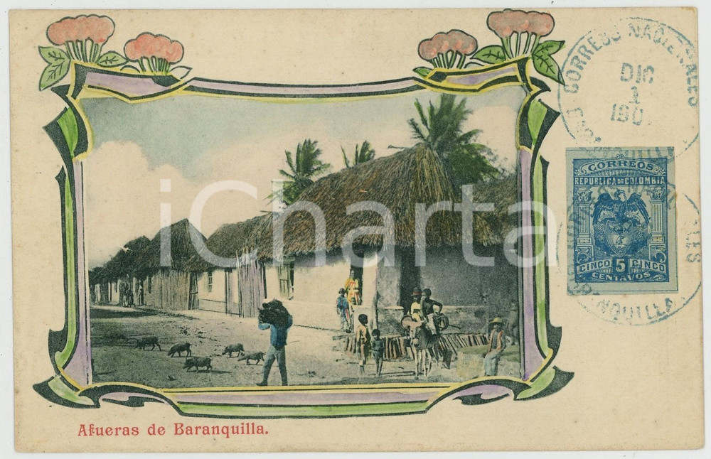 1904 BARRANQUILLA (COLOMBIA) Afueras - Cabañas *ANIMATED chromo postcard  Cartolina postale d'epoca, con bollo e timbro (non scritta).CONDIZIONI: GFORMATO: FP    originale e autentica 1