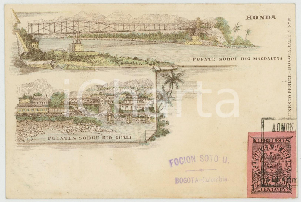 1904 HONDA (COLOMBIA) Puentes rio Magdalena / Rio Guali *Tarjeta postal Pehlke  Cartolina postale d'epoca, con bollo e timbro (non scritta).CONDIZIONI: GFORMATO: FP    originale e autentica 1