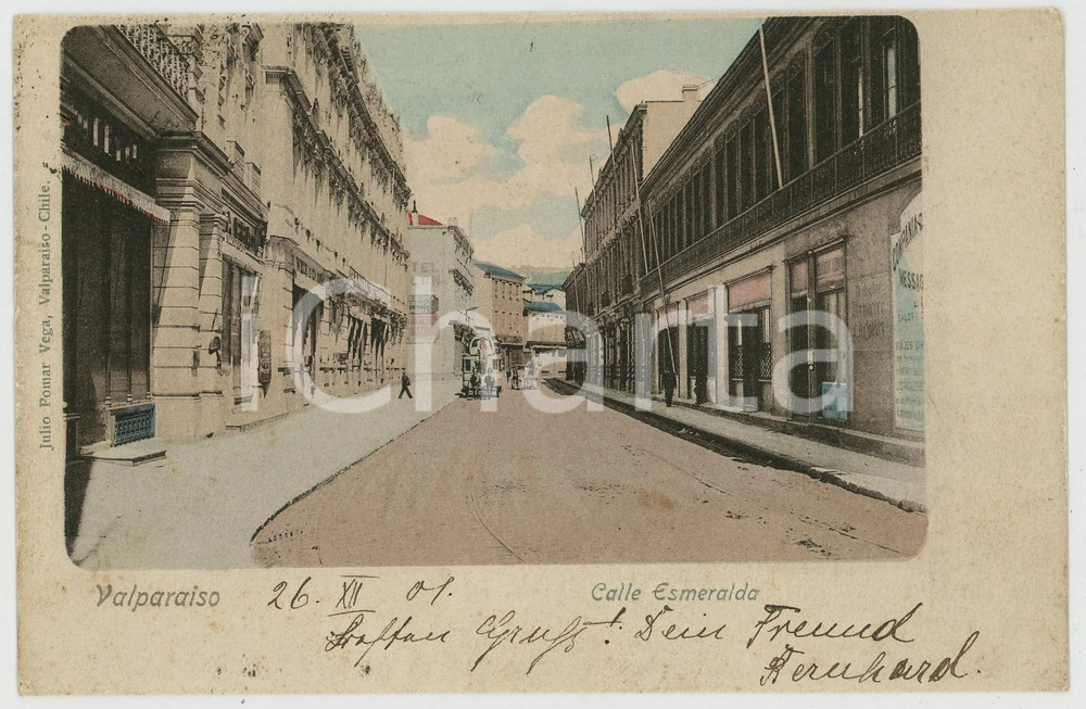 1901 VALPARAISO (CHILE) Calle Esmeralda -Tarjeta postal ANIMADA omnibus  Cartolina postale d'epoca, viaggiata.CONDIZIONI: GFORMATO: FP    originale e autentica 1