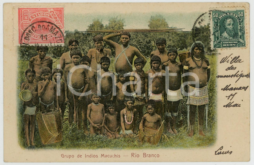1900 ca BRAZIL Grupo de Indios MACUCHIS - RIO BRANCO - Vintage chromo postcard Cartolina postale d'epoca, viaggiata.CONDIZIONI: GFORMATO: FP    originale e autentica 1