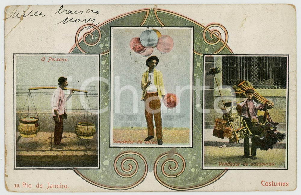 1907 RIO DE JANEIRO (BRAZIL) Peixeiro - Vendedor bolas - Vendedor vassouras Cartolina postale d'epoca, viaggiata.CONDIZIONI: FAIR (piegature angolari; minime abrasioni marginali)FORMATO: FPEDITORE: Casa Staffa - Rio de Janeiro    originale e autentica 1