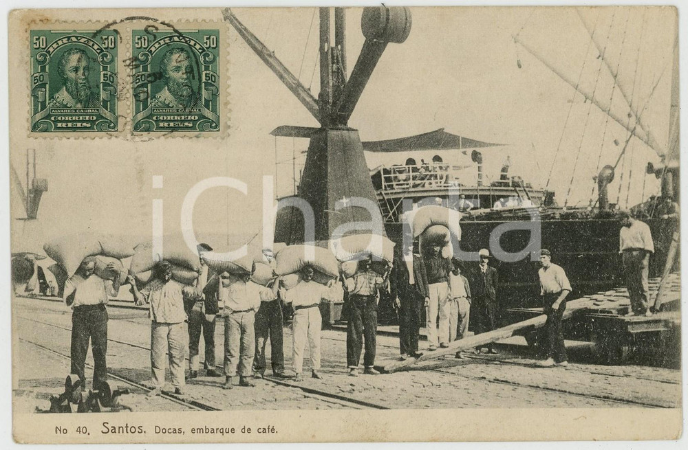 1914 SANTOS (BRAZIL) Docas, embarque de café - ANIMATED Postcard Cartolina postale d'epoca, viaggiata.CONDIZIONI: GFORMATO: FP    originale e autentica 1