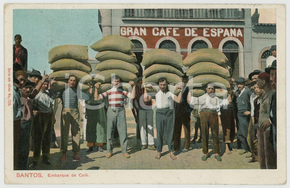 1912 SANTOS (BRAZIL) Embarque de café - Gran Café de España - Postcard Cartolina postale d'epoca, viaggiata.CONDIZIONI: GFORMATO: FP    originale e autentica 1