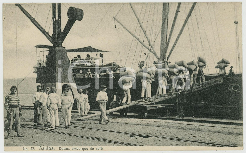 1915 ca SANTOS (BRAZIL) Docas, embarque de café - ANIMATED Postcard n.42 Cartolina postale d'epoca, non viaggiata.CONDIZIONI: GFORMATO: FP    originale e autentica 1