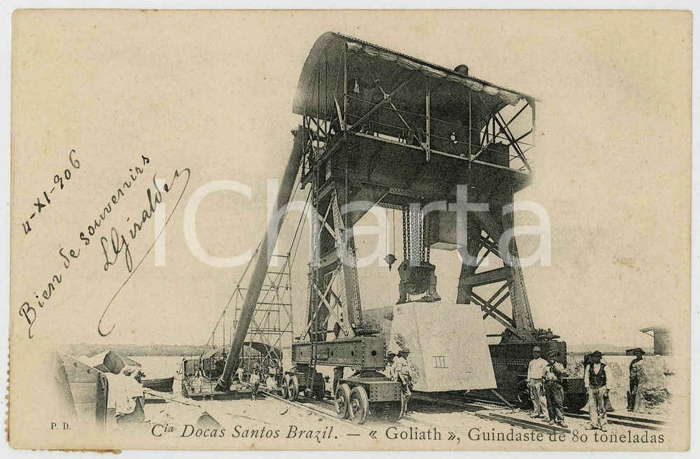 1906 SANTOS (BRAZIL) DOCAS - Goliath guindaste de 80 toneladas ANIMATED postcard Cartolina postale d'epoca, viaggiata.CONDIZIONI: GFORMATO: FP    originale e autentica 1