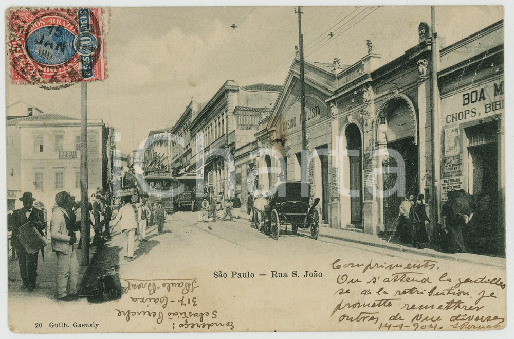 1904 SAO PAULO - BRAZIL Rua San Joao - Postcard FP VG  Cartolina d'epoca, viaggiata. VERY POOR/gravemente danneggiato Lievi smussature agli angoli, profonda piegatura diagonale Formato: FP originale e autentica 1