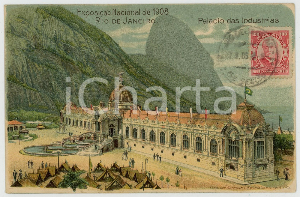 1908 RIO DE JANEIRO BRAZIL Exposiçao Nacional - Palacio das Industrias *Postcard Cartolina postale d'epoca, viaggiata.CONDIZIONI: GFORMATO: FP    originale e autentica 1
