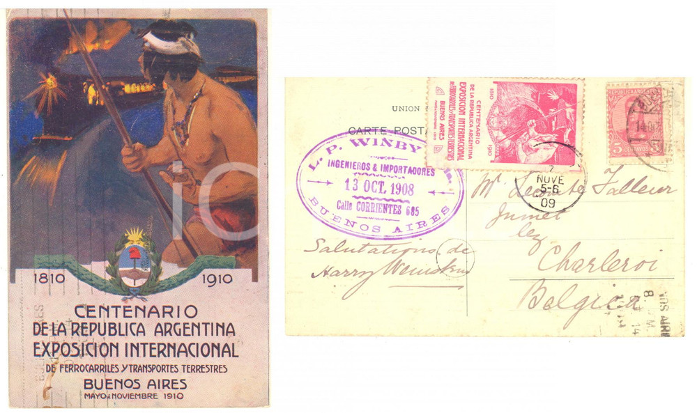 1910 Centenario Republica ARGENTINA Exposicion Ferrocariles  - Tarjeta postal Cartolina postale d'epoca, viaggiata, con francobollo commemorativo recante la medesima illustrazione e la dicitura "Centenario de la Republica Argentina - Exposicion Internacional de Ferrocarriles y Transportes Terrestres - Buenos Aires".Ulteriore timbro "L. P. Winby Ingenieros &amp; Importadores - 13 oct. 1908 - Calle Corrientes 685 - Buenos Aires"CONDIZIONI: G (minima sbrecciatura al lato superiore)FORMATO: FP    originale e autentica 1